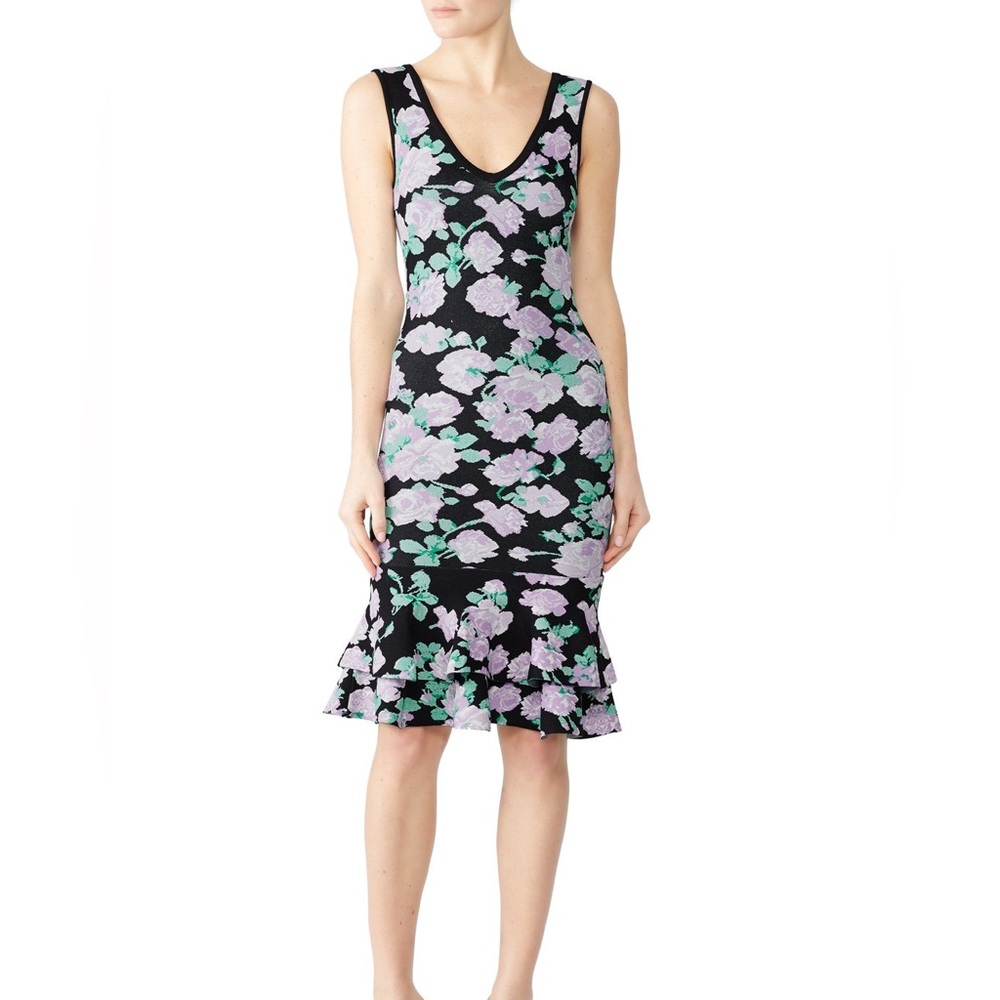 Ronny Kobo Haya Floral Ruffle V-Neck Fit & Flare Dress Size Large Black & Pink